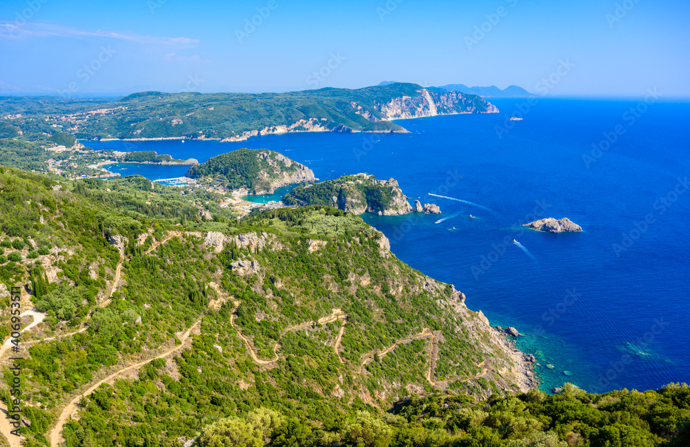 View from Castle Angelokastro to the coast of Paleokastritsa - Paradise coastline scenery with crystal clear azure water in Bays - Corfu, Ionian island, Greece, Europe