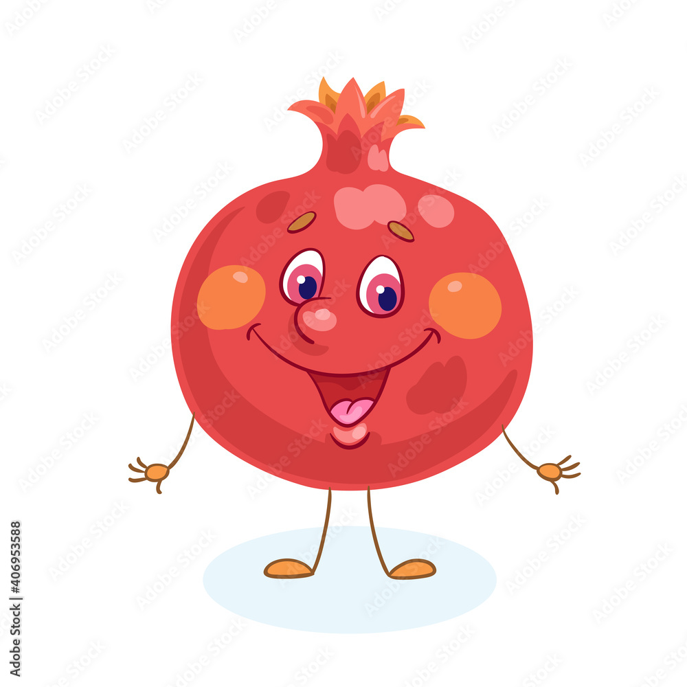 Fototapeta premium Cute pomegranate. In a cartoon style. Isolated over white background. Vector flat illustration.