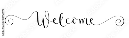 WELCOME black vector brush calligraphy banner with spiral swashes