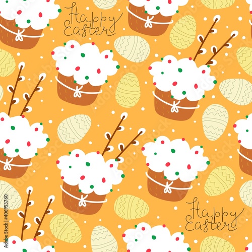 Seamless pattern with cartoon bunny, eggs, decor elements. Festive colorful vector for easter. hand drawing. design for fabric, wrapper, print