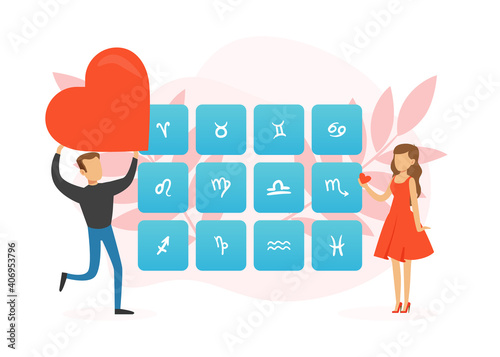 Love Compatibility with Zodiac Signs, Astrological Signs of the Zodiac Cartoon Vector Illustration