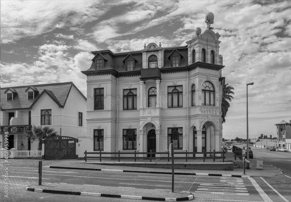 Old German colonial building in black and white, Swakopmund, Namibia