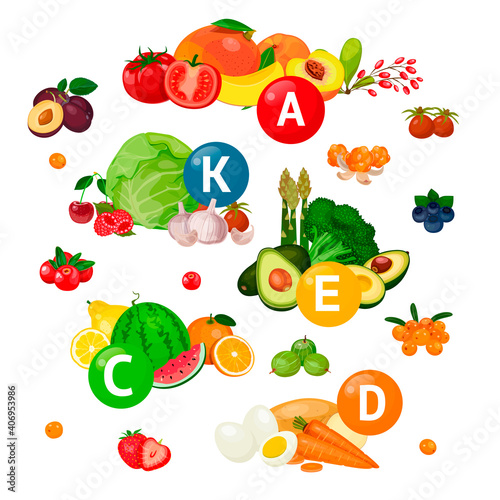 Fruits and vegetables with vitamins A, E, K, C, D isolated on white background