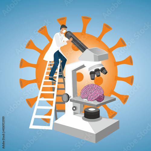 Scientist examine brain in microscope, big corona virus in background. Vector illustration.
