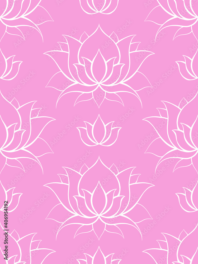 Delicate background with white contours of lotuses. Water lilies on pink. Delicate natural wallpaper for spa and yoga centers. Vector floral texture. Background for fabrics
