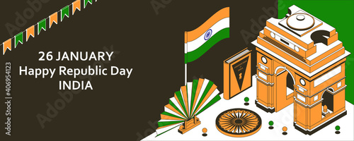 26th of January India Republic Day. Greeting card in isometric style with Indian Gates