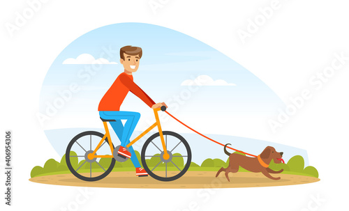 Man Cyclist Walking with his Pet Dog Outdoors Cartoon Vector Illustration