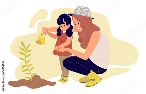 Mother with daughter watering a plant. Flat design illustration. Vector