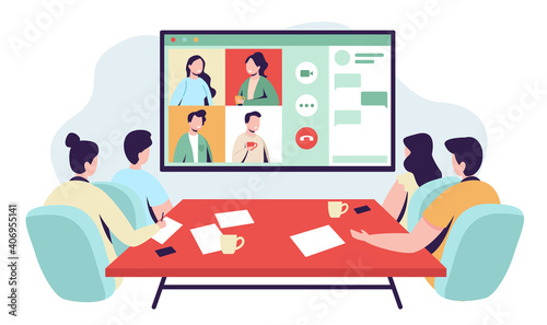 Office workers at the video conference with coffee. Flat design illustration. Vector