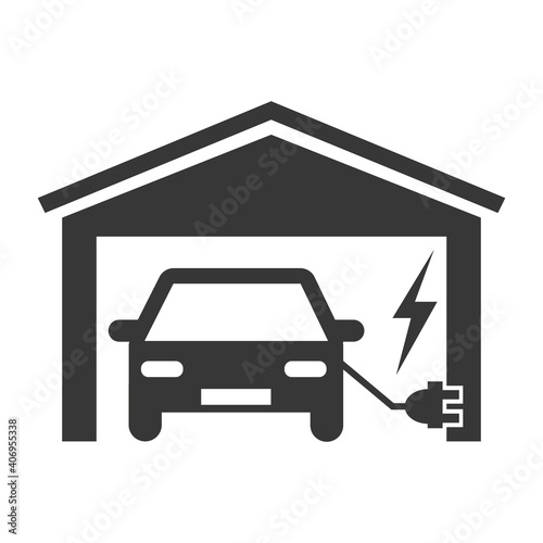 Electric car pictogram. Vector grey icon illustration.