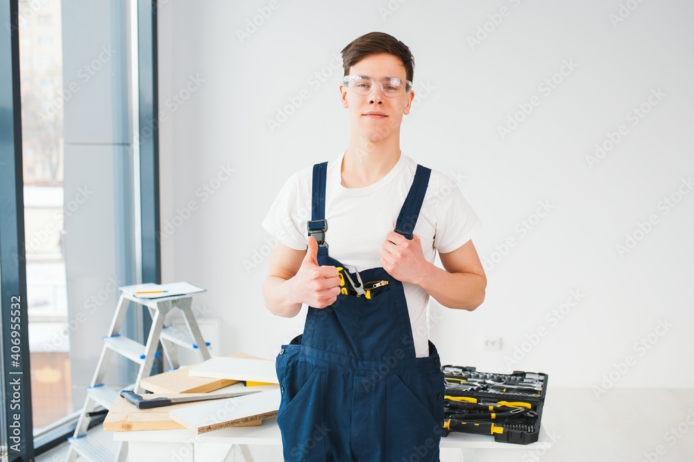 Hilarious busy constructor repairing apartment Hilarious busy constructor repairing apartment