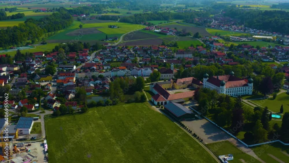 Aerial view of the city Tüßling in Bavaria on a sunny spring day Aerial view of the city Tüßling in Bavaria on a sunny spring day