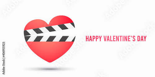 Romantic movie icon with heart clapper isolated. Valentines vector illustration