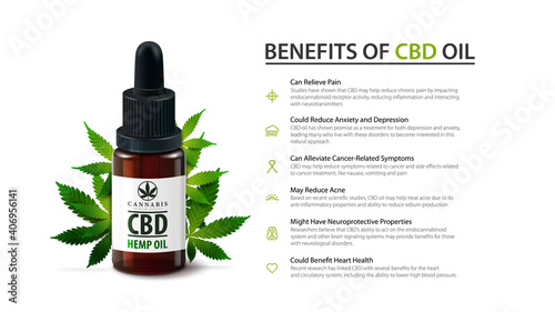 White template of Medical uses for cbd oil, benefits of use CBD oil. Poster design with glass bottle of cbd oil and hemp leafs