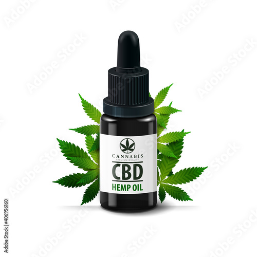 Glass bottle with pipette isolated on white background. Glass black bottle of Medical cbd oil and hemp leafs isolated on white background