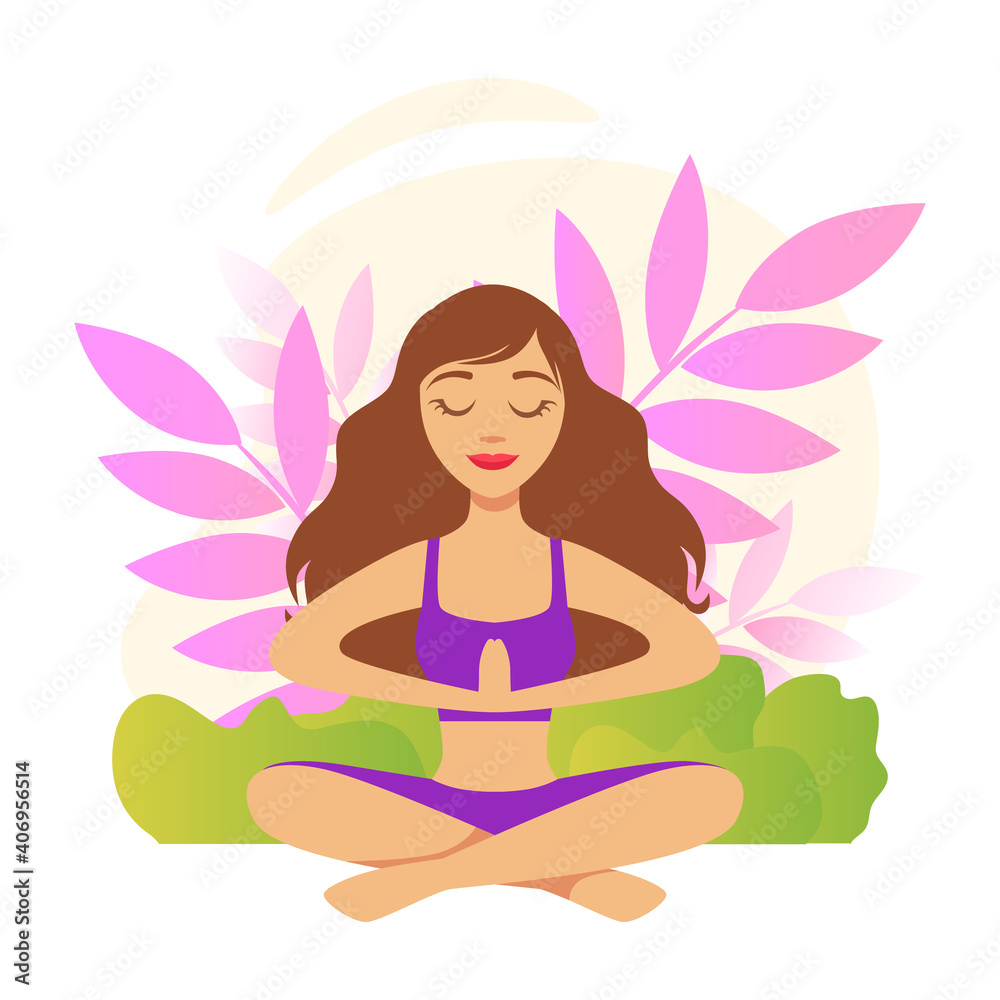 Girl Sitting and Meditating in Yoga Lotus Position with Floral Scenery Vector Illustration Girl Sitting and Meditating in Yoga Lotus Position with Floral Scenery Vector Illustration
