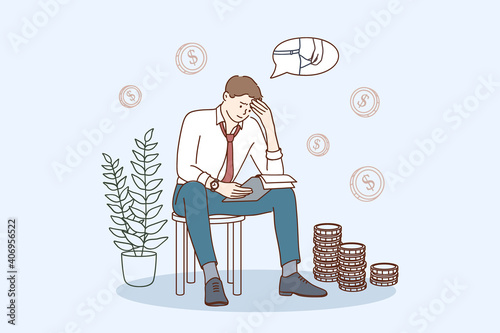 Financial problems and bankruptcy concept. Young sad depressed businessman sitting on chair thinking about finding money for paying bills during crisis vector illustration 