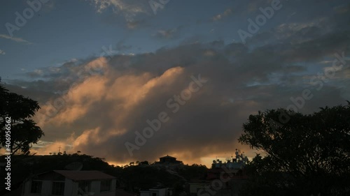 Trees Silhouettes and Cloudy Sky at Sunrise in the Mountains in Brazil. Time Lapse 