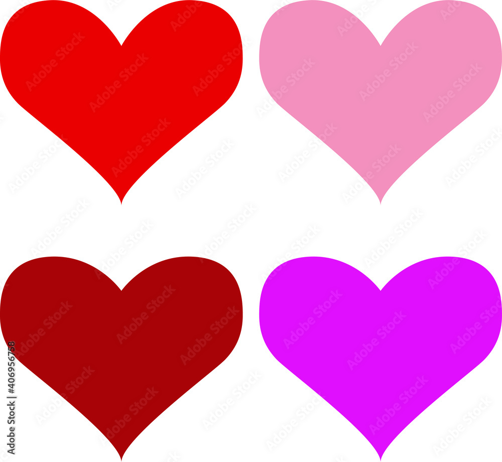 Four shaded red hearts vector shape for valentines day holiday, colorful dark red/black heart shape with flat colorization