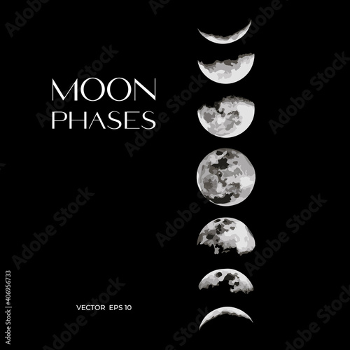 phases of the moon on a black background. vector realistic image. night sky and telescopic space