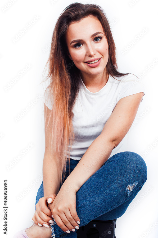 young blond woman on white backgroung gesture thumbs up, isolated emotional posing young blond woman on white backgroung gesture thumbs up, isolated emotional posing