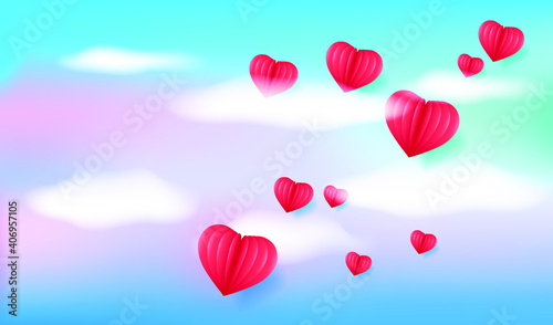 Flying hearts. Blue sky, white clouds and voluminous red hearts. Holiday background for Valentine's day, Wedding, Mother's Day.