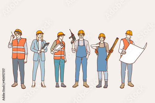 Builders and construction industry concept. Young people cartoon characters working in construction in helmets and workwear standing with tools and documents vector illustration 