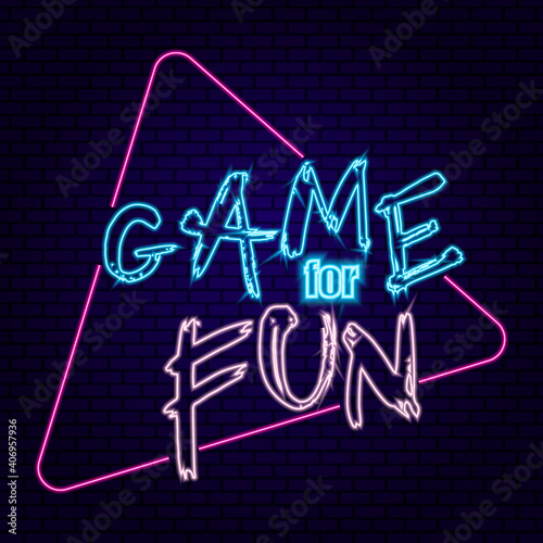  Neon signboard for game decoration. Vector Illustration of social media. Festive icon with pink and blue colors lettering and triangular shape.	Brick dark background. 