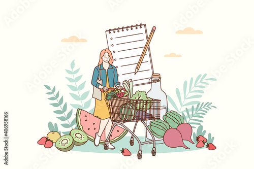 Healthy lifestyle and nutrition food concept. Young smiling woman cartoon character carrying fresh healthy vegan ingredients in shopping trolley bag in supermarket for eating balanced meals 