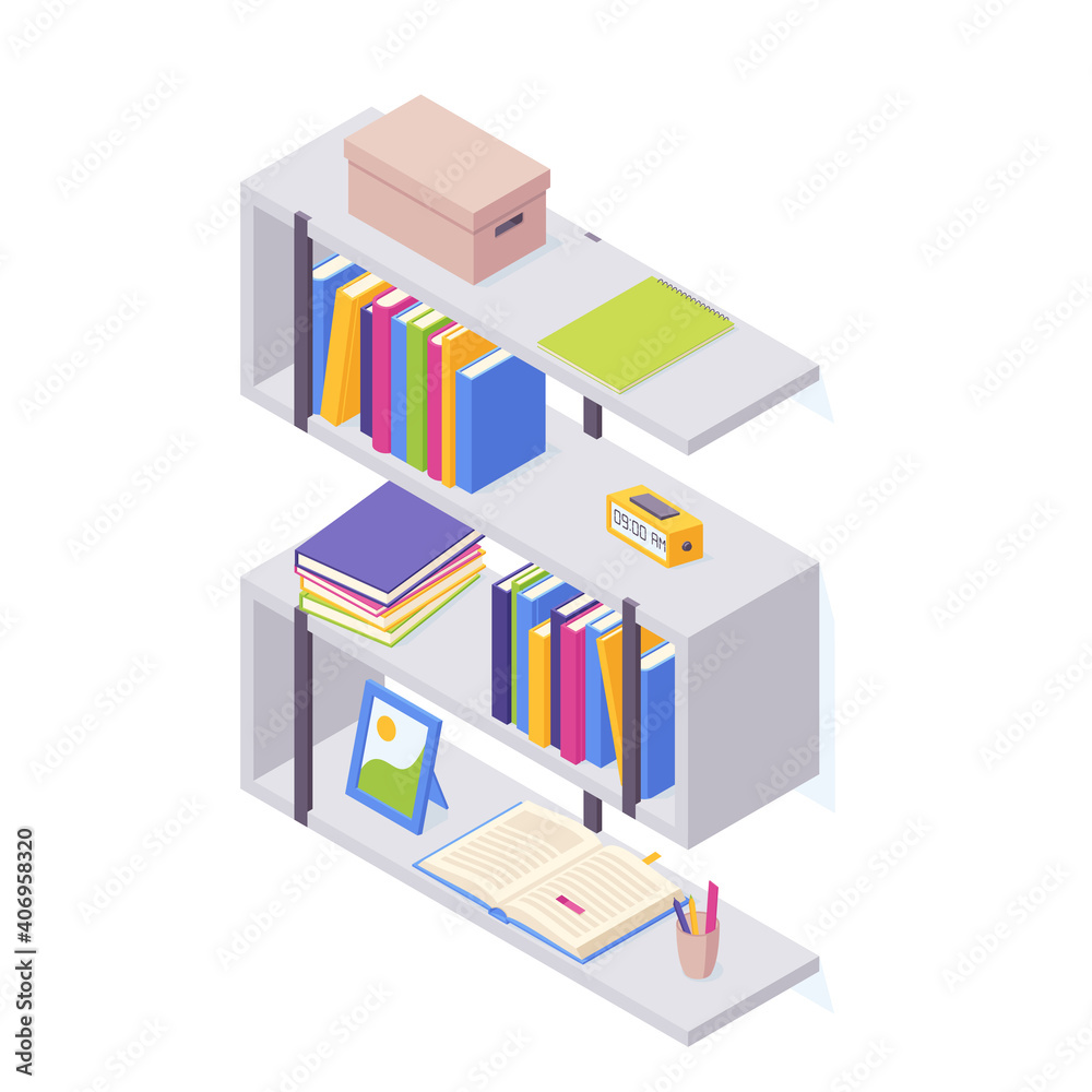 Books on shelf in isometric vector illustration. Books on shelf in isometric vector illustration.