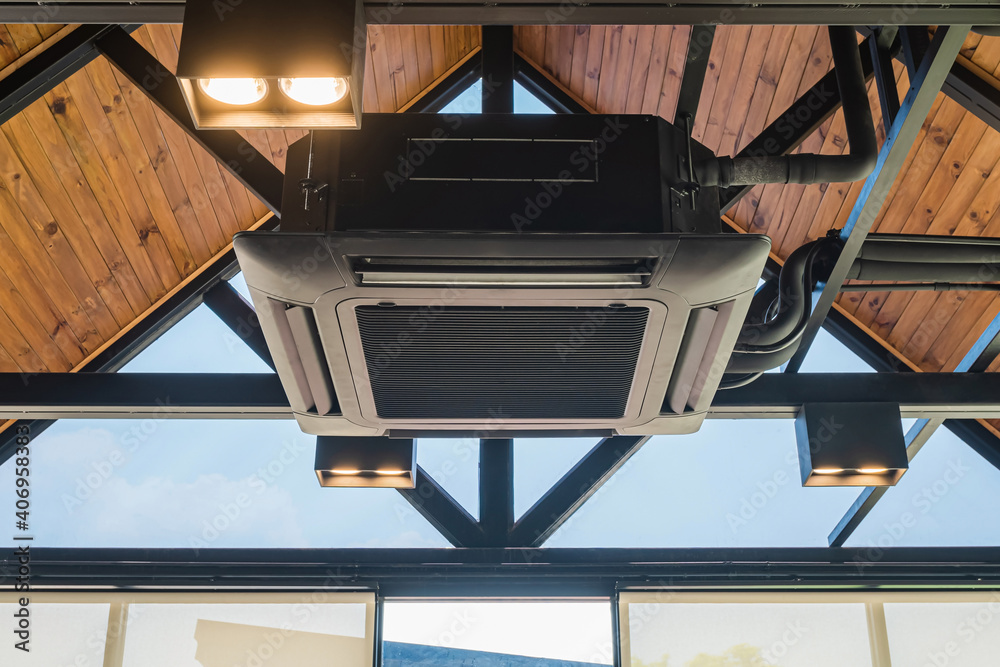Ceiling mounted cassette type air conditioner in the cafes. Ceiling air conditioning system