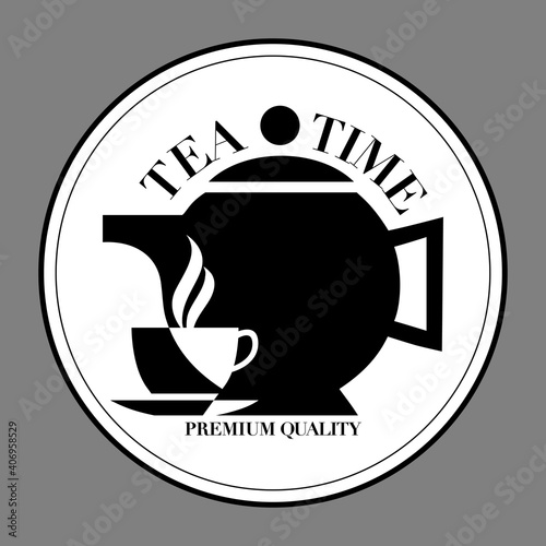 Logo rond pour un salon de thé avec une silhouette noire et blanche d’une théière et d’une tasse