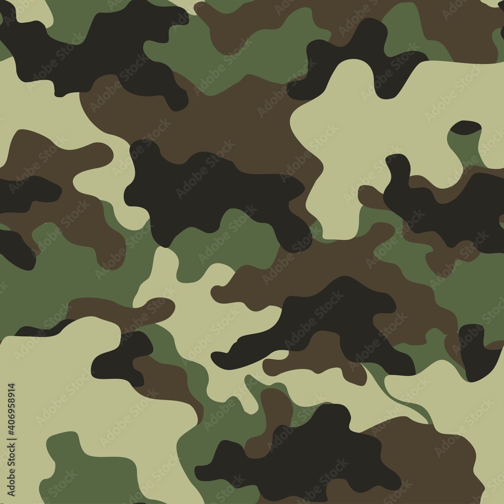 Naklejka premium Camouflage pattern background vector. Classic clothing style masking camo repeat print. Virtual background for online conferences, online transmissions. Green brown black olive colors forest texture