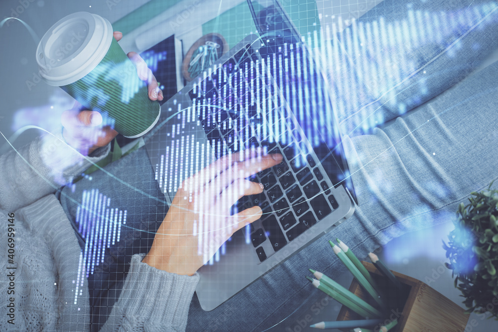 Double exposure of woman hands typing on computer and business theme hologram drawing. Success concept. Double exposure of woman hands typing on computer and business theme hologram drawing. Success concept.