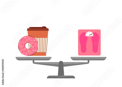 Bowls of scales choice fast food or diet, health. Donut cake with coffee or weight in comparison. Libra measure value. Vector illustration