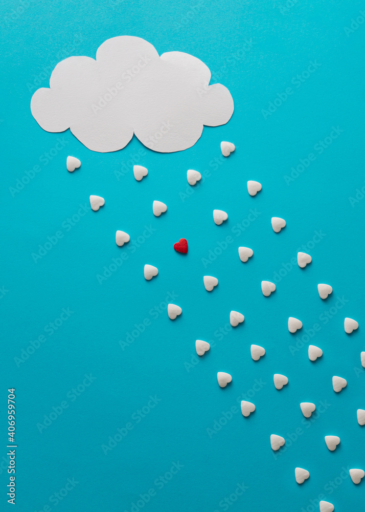 Cloud and rain in shape of hearts with one red drop.  Minimalist concept. - obrazy, fototapety, plakaty 