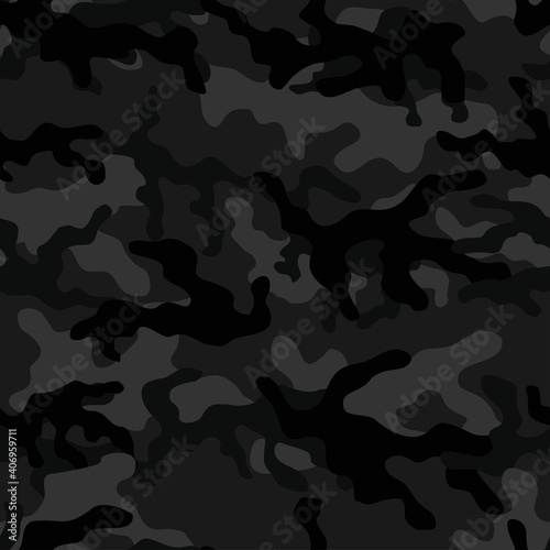 Black camouflage seamless pattern. Army texture. Night design. Vector