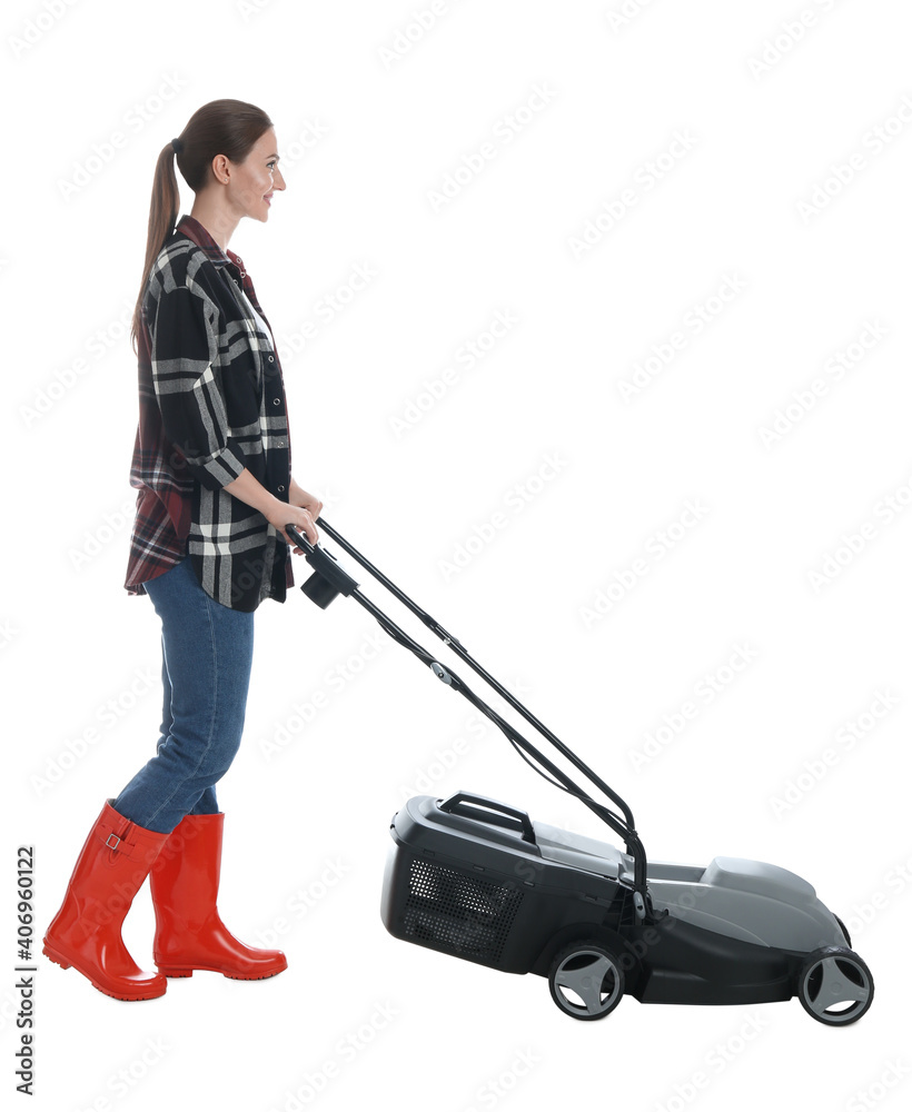 Young woman with modern lawn mower on white background Young woman with modern lawn mower on white background