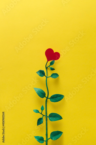 Red rose in shape of heart with leaves. Minimalist concept.