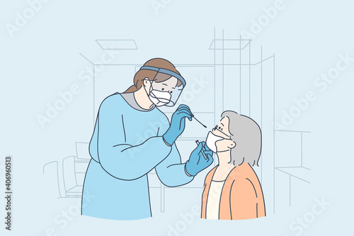 Healthcare and medical testing for COVID-19 concept. Professional medical worker woman nurse wearing personal protective equipment testing senior woman for dangerous disease using test stick