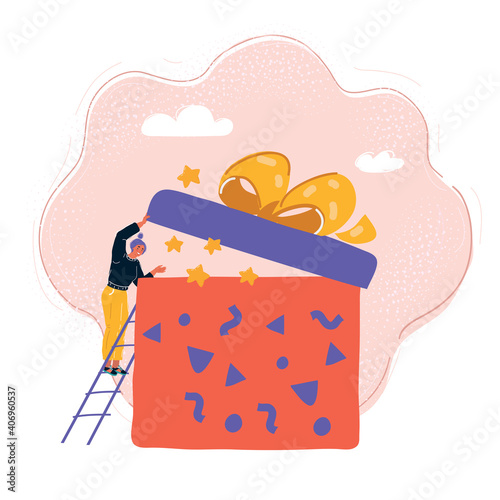 Vector illustration woman open big gift box.