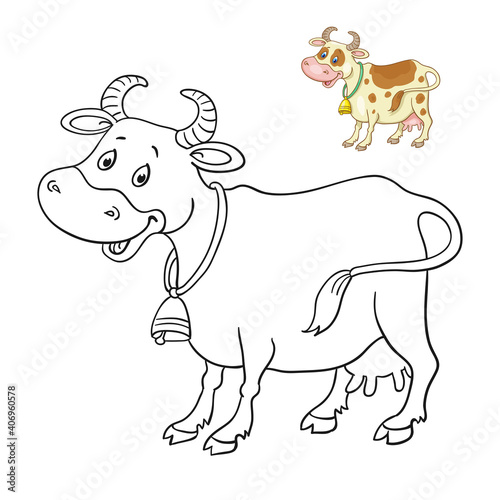 Picture of a funny black and white cow with a colorful example. For coloring book. In cartoon style. Isolated on white background. Vector illustration.