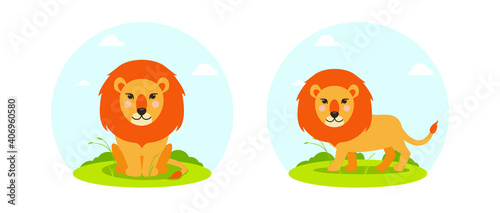 Fototapeta Naklejka Na Ścianę i Meble -  Vector lion in flat cartoon style with landscape. Sitting and walking animal, front and side view. Cute children's illustration on white background. EPS10