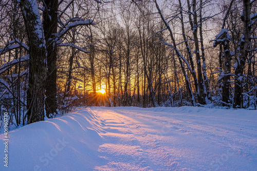 Beautiful winter landscape with dawn. An orange sun shines through the branches of trees over a snowy road in the forest. Fluffy snow sparkles in the sunlight.