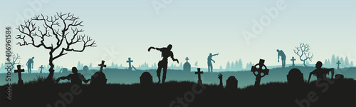Panoramic silhouette of a zombie in a cemetery. Vector illustration for halloween.
