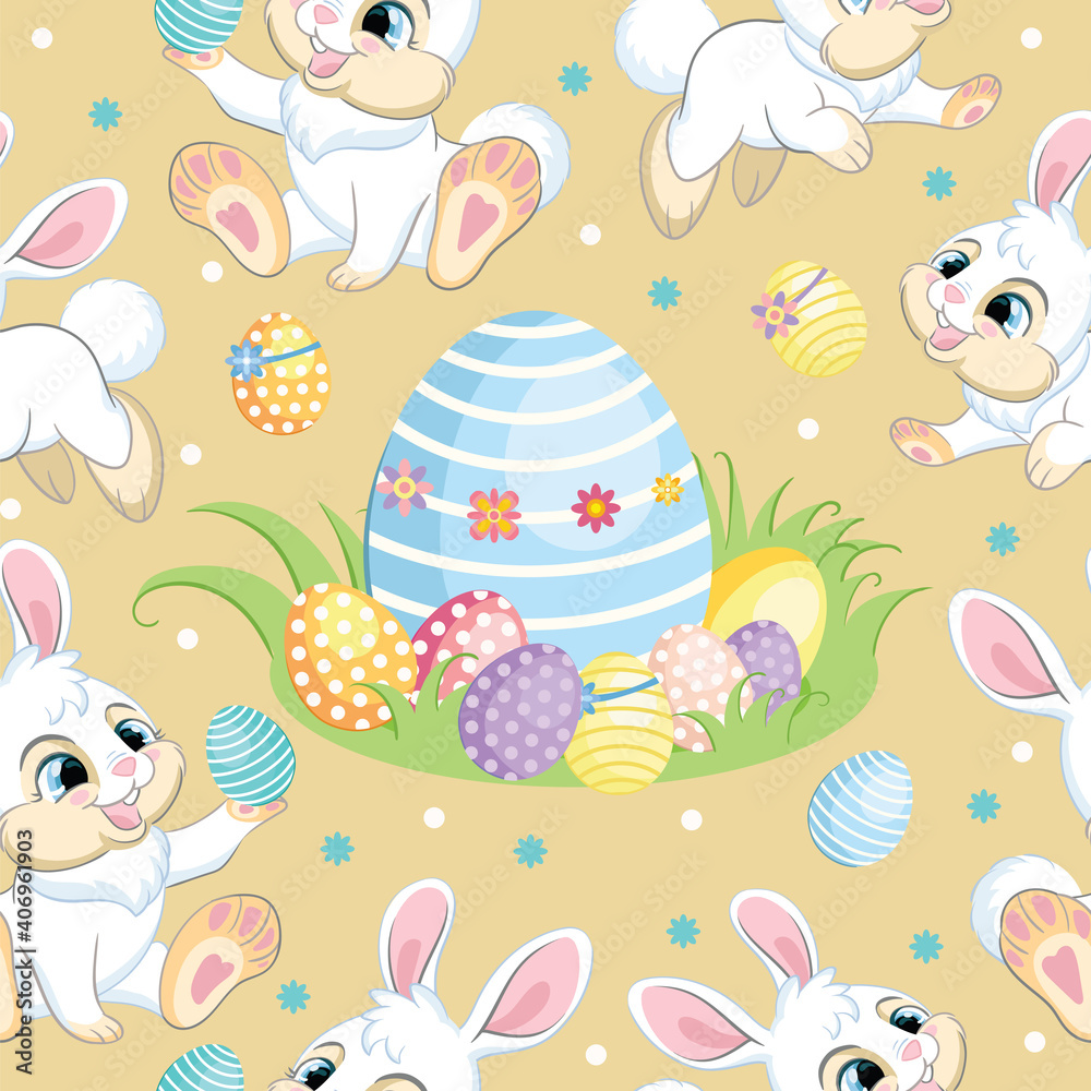 Seamless vector pattern white bunnies and big easter egg Seamless vector pattern white bunnies and big easter egg