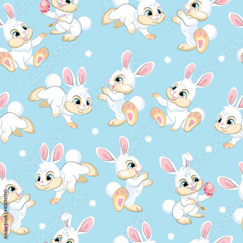 Seamless vector pattern white bunnies on blue background