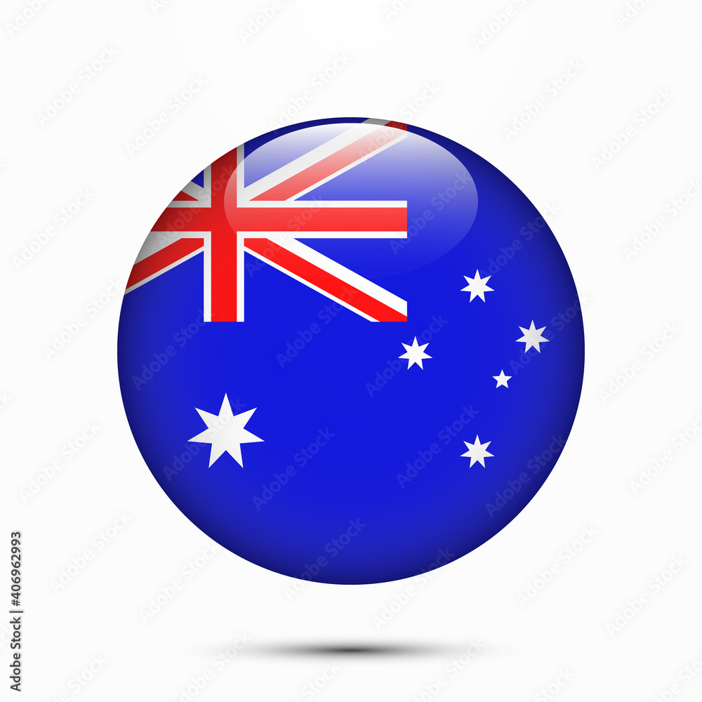 Australia flag vector circle shape button. Clear circle isolated Australia flag background button. Transparent glossy glass button. Vector Illustration