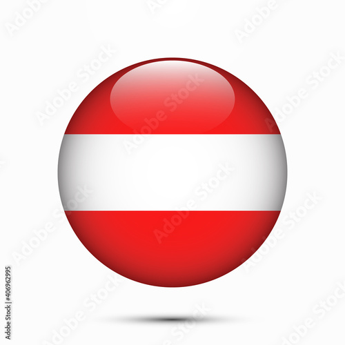 Austria flag vector circle shape button. Clear circle isolated Austria flag background button. Transparent glossy glass button. Vector Illustration