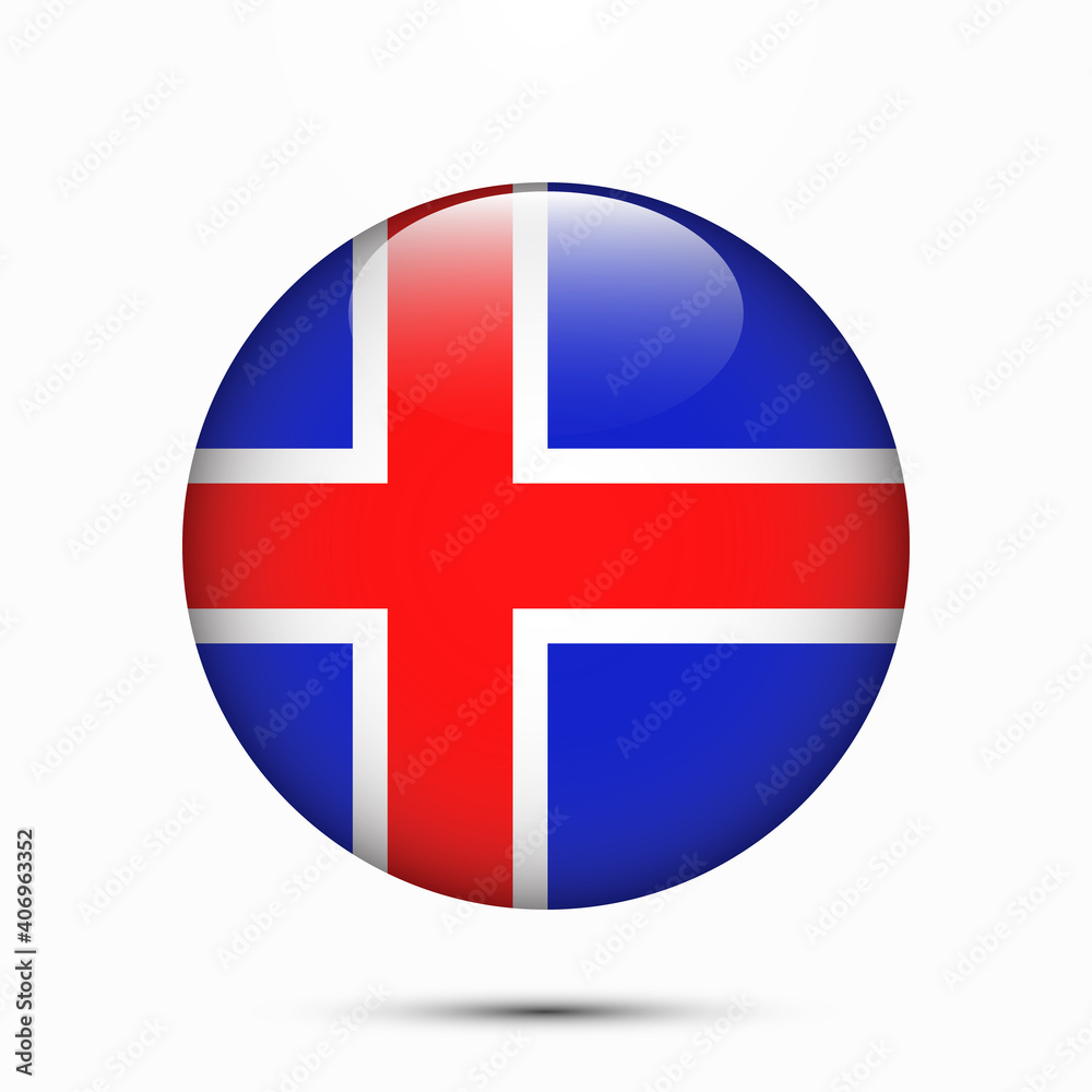 Iceland flag vector circle shape button. Clear circle isolated Iceland flag background button. Transparent glossy glass button. Vector Illustration Iceland flag vector circle shape button. Clear circle isolated Iceland flag background button. Transparent glossy glass button. Vector Illustration